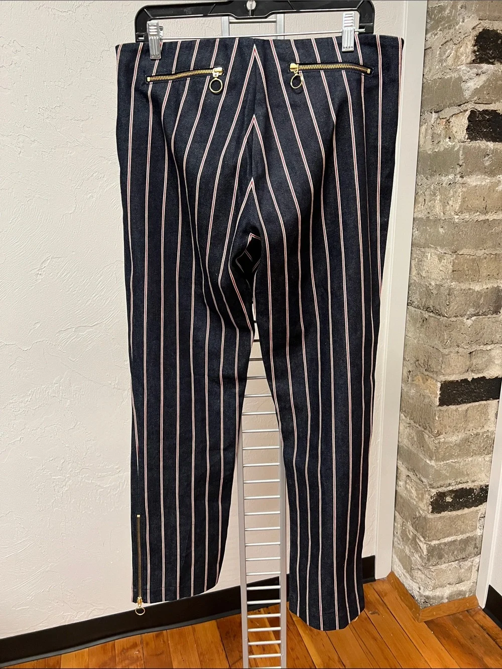 Maggie Marilyn 💯% Cotton Denim Navy Pants with Red, White Stripes Size 8 - Picture 6 of 16
